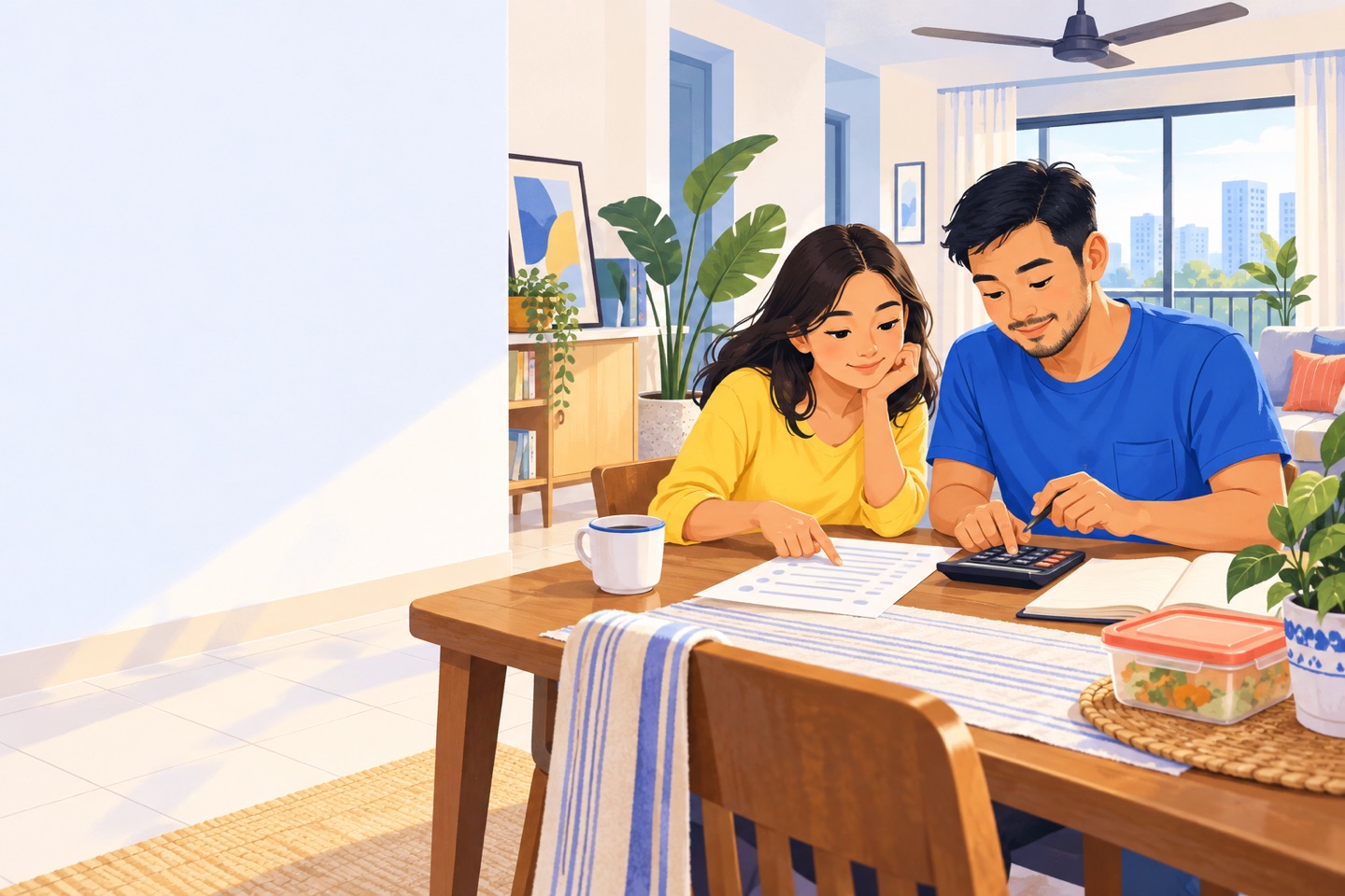 Ilustrasi pasangan Malaysia menyemak senarai perbelanjaan dan menggunakan kalkulator di meja rumah.