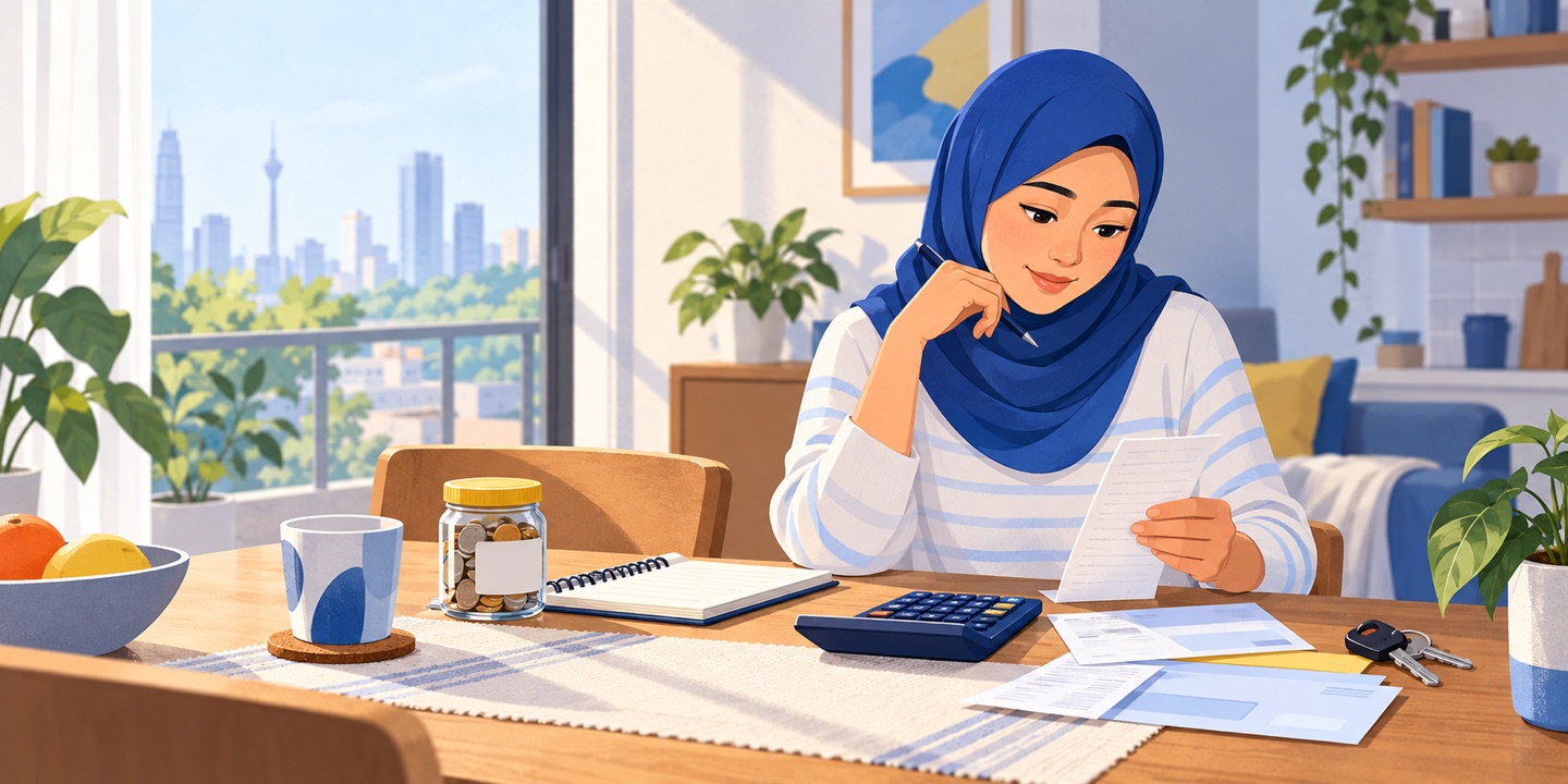 Ilustrasi seorang wanita Malaysia menyemak bil, simpanan dan kalkulator di meja rumah