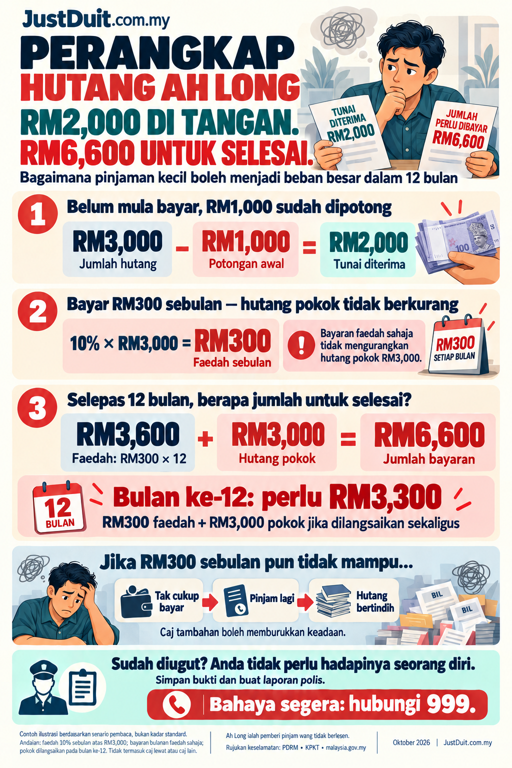 Contoh perangkap Ah Long: terima RM2,000, bayar faedah RM300 sebulan dan jumlah RM6,600 untuk selesai dalam setahun.